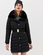 Esprit Mid Padded Jacket With Faux Fur Hood In Black - Black