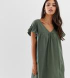 Asos Design Petite Mini Reversible Cotton Slub Smock Dress - Green