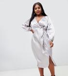 Fashion Union Plus Twist Front Metallic Long Sleeved Dress - Silver