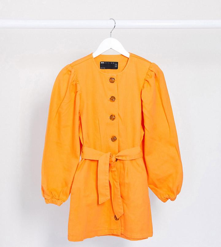 Asos Design Petite Denim Orange Puff Sleeve Belted Dress