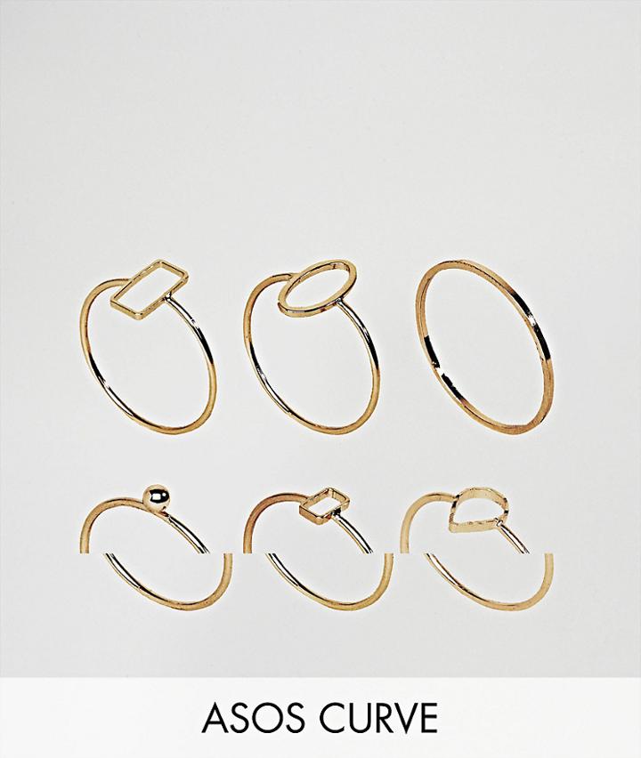 Asos Curve Pack Of 6 Fine Shape Rings - Gold
