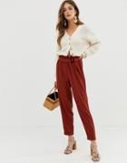 Asos Design Peg Pants In Jersey Crinkle With Paperbag Waist And Tortoiseshell D Rings-orange