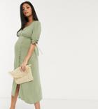 Asos Design Maternity V Neck Midi Tea Dress With Buttons And Tie Sleeves In Khaki-green