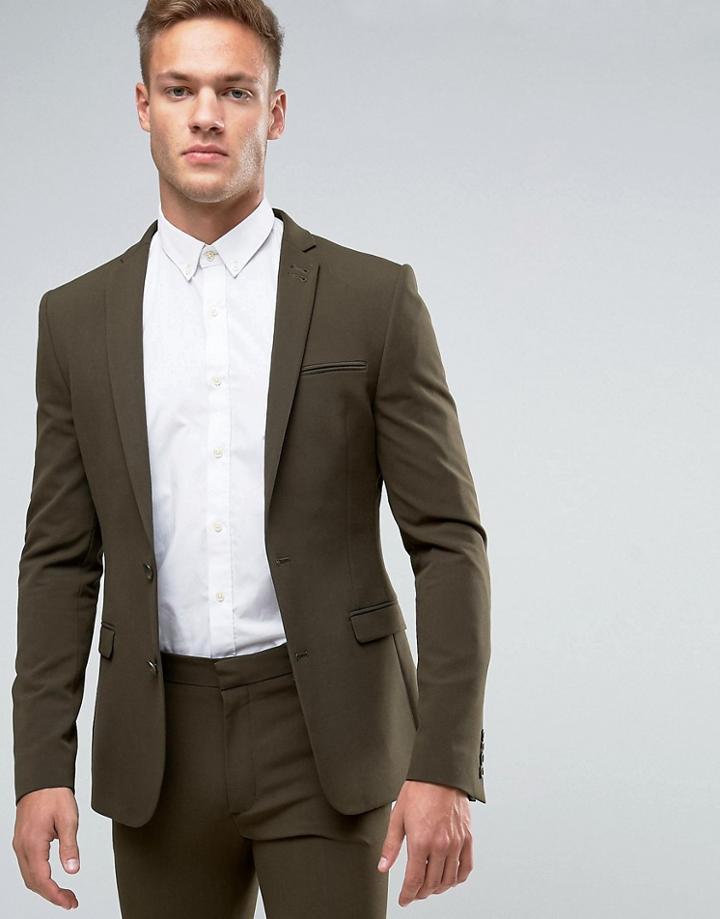 Asos Super Skinny Suit Jacket In Khaki - Green