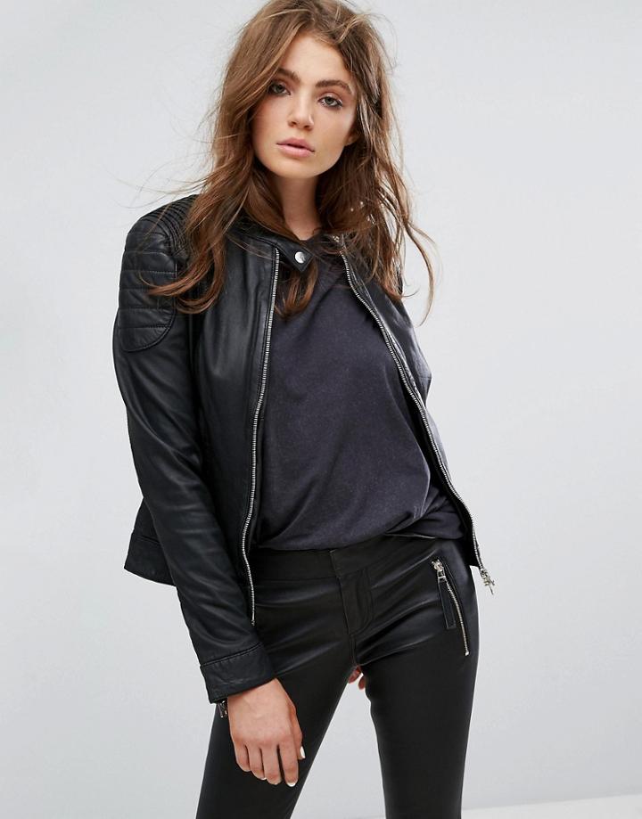 Goosecraft Collarless Leather Jacket With Ribbed Detail - Black