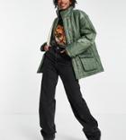 Asos Design Tall Nylon Linear Quilted Jacket In Dark Khaki-green