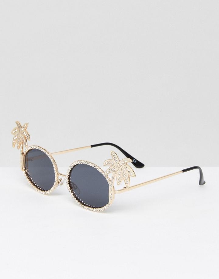 Asos Embellished Palm Tree Diamonte Oval Sunglasses - Gold