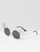 Asos Embellished Palm Tree Diamonte Oval Sunglasses - Gold