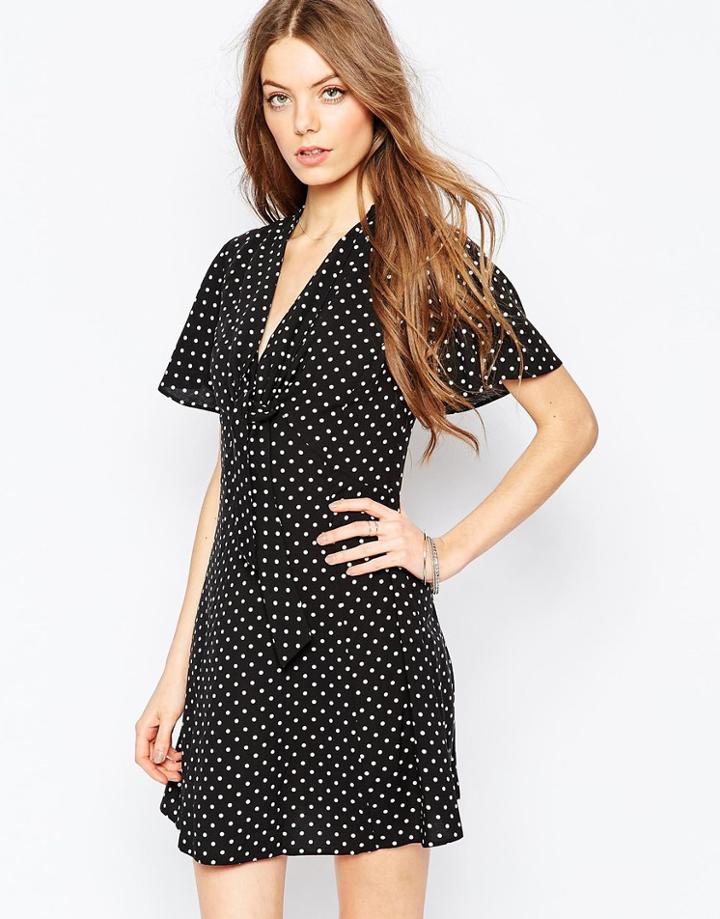 Asos Pussybow Tea Dress In Polka Dot - Mono