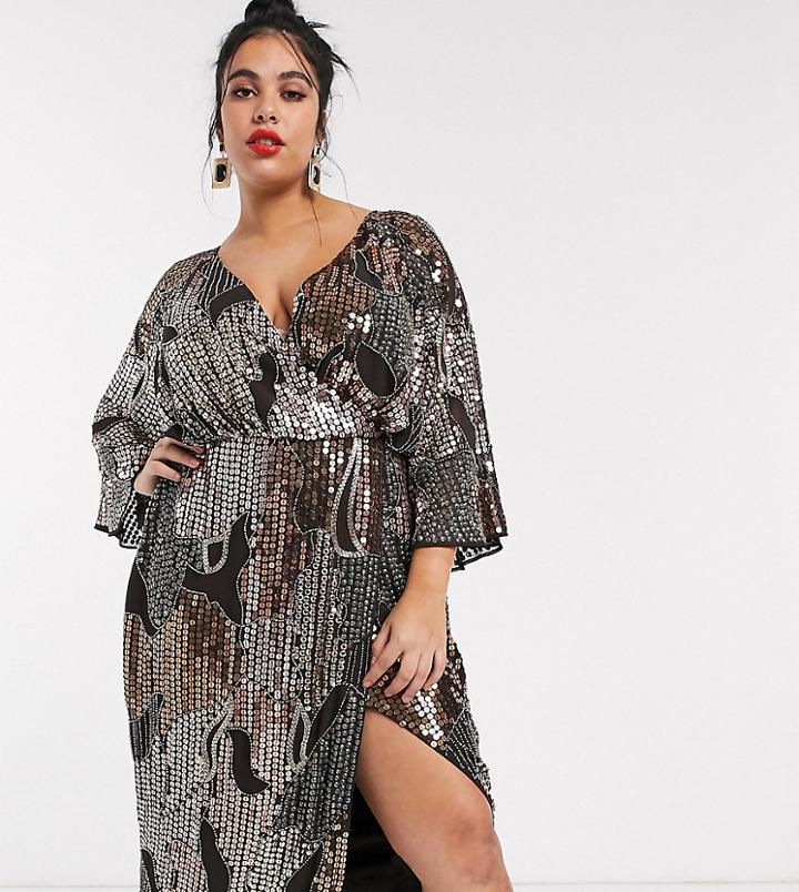 Asos Design Curve Midi Kimono Dress In Pearl And Sequin Patched Embellishment-brown