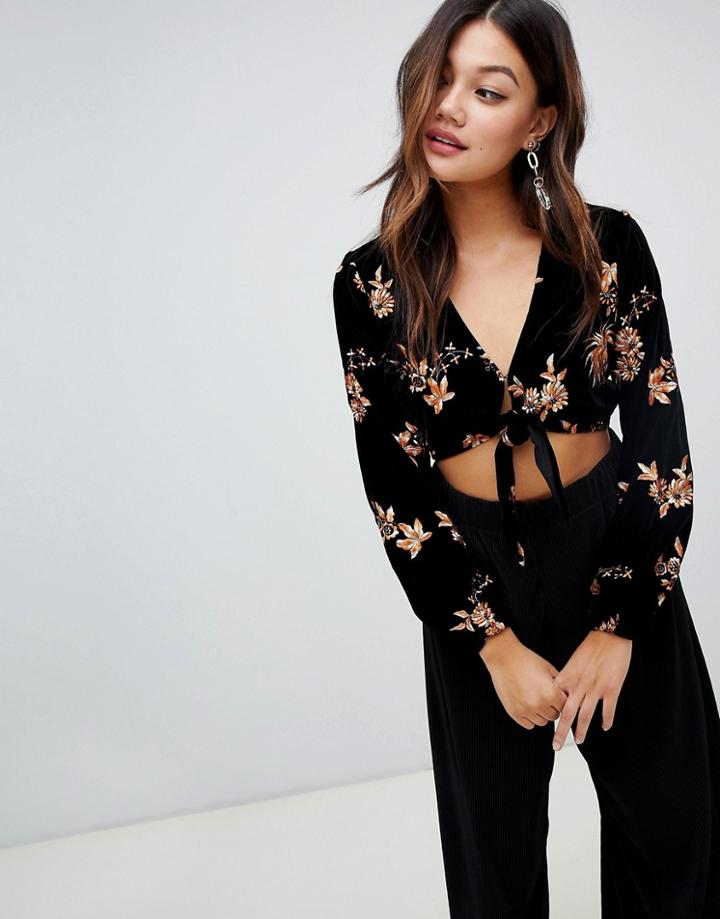 Miss Selfridge Floral Embroidered Blouse With Tie Front In Black Velvet - Black