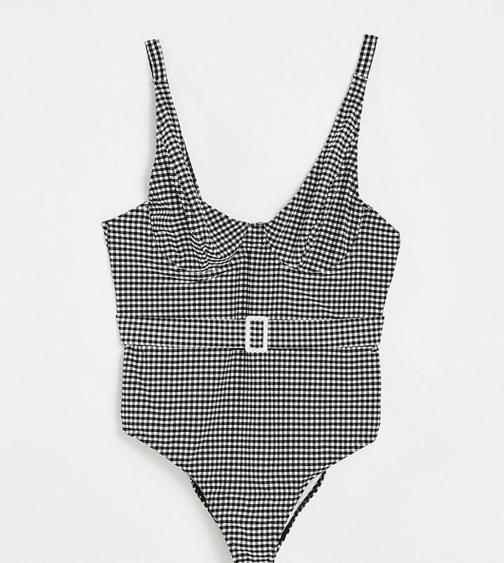 Peek & Beau Curve Exclusive Underwired Swimsuit With Belt Detail In Black And White Gingham-multi