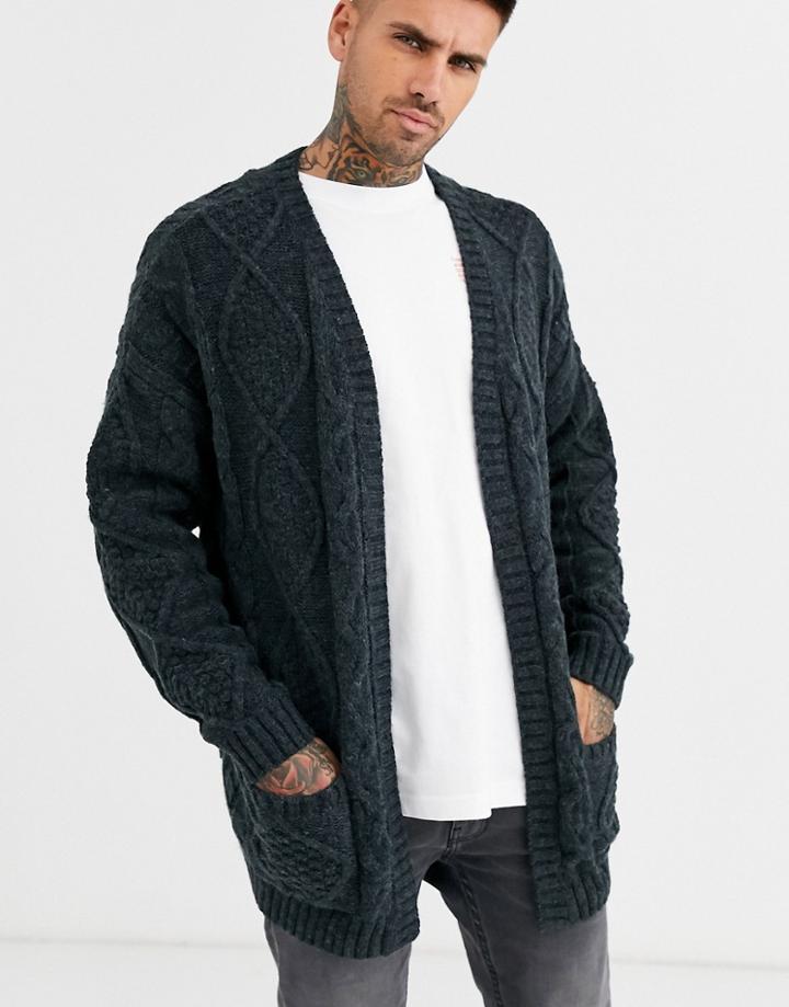 Asos Design Heavyweight Cable Knit Cardigan In Dark Gray - Gray