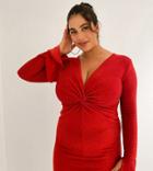 Fashionkilla Plus Glitter Plunge Knot Front Mini Body-conscious Dress With Fluted Sleeves In Red