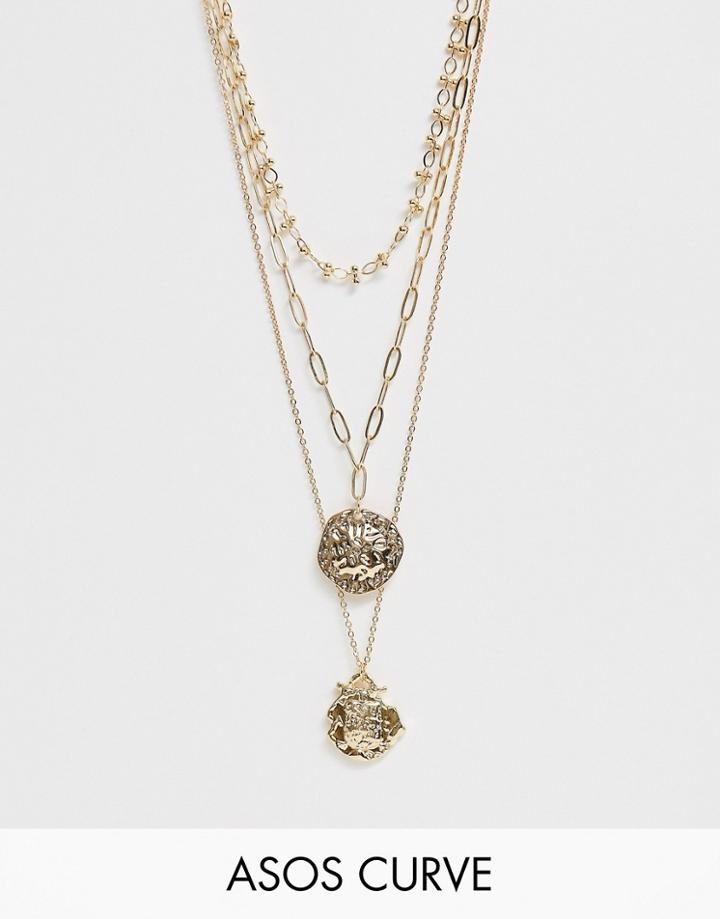 Asos Design Curve Multirow Necklace With Mixed Link Chains And Worn Coin Pendants In Gold Tone - Gold