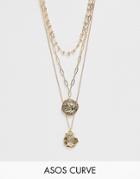 Asos Design Curve Multirow Necklace With Mixed Link Chains And Worn Coin Pendants In Gold Tone - Gold