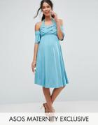 Asos Maternity Criss Cross Skater Dress With Cold Shoulder - Blue