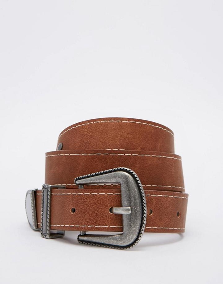 Asos Studded Jeans Belt With Top Stitching - Tan
