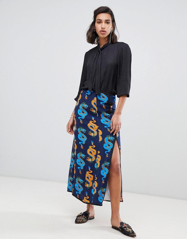 Fabienne Chapot Split Midi Skirt In Dragon Roll Print - Multi