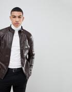 Soul Star Ribbed Arm Faux Leather Zip Through Jacket - Brown