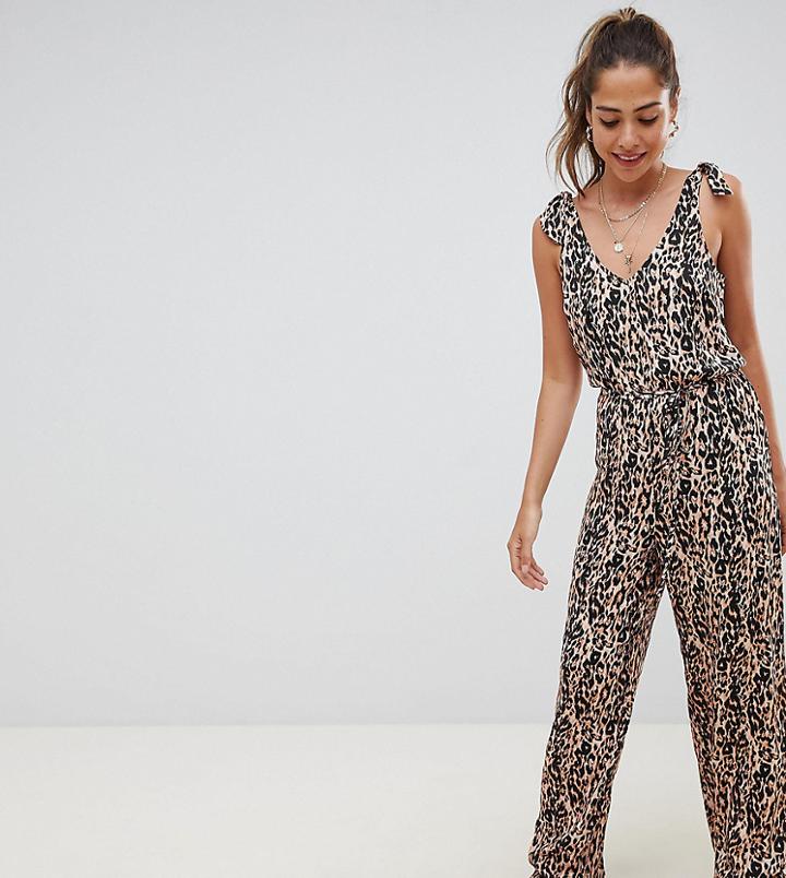 Miss Selfridge Jumpsuit With Tie Strap Detail In Leopard Print-multi