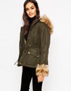 Asos Jacket With Detachable Faux Fur Trims - Khaki