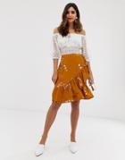 Vila Floral Wrap Skirt-brown
