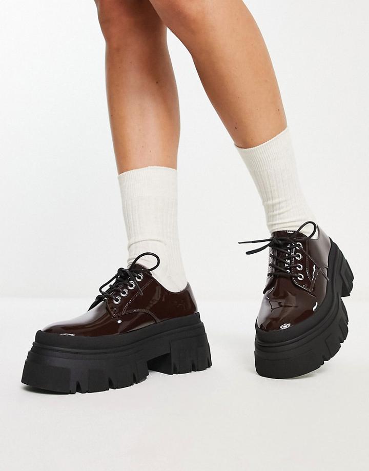 Asos Design Magda Chunky Lace-up Flat Shoes In Brown Patent