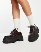Asos Design Magda Chunky Lace-up Flat Shoes In Brown Patent