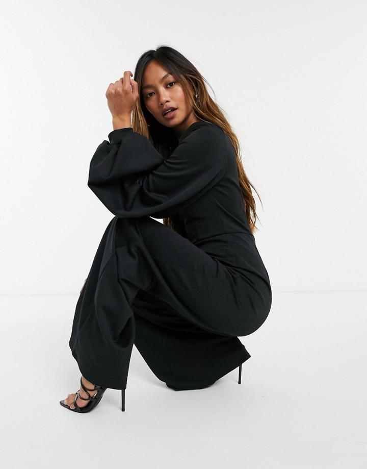 True Violet Plunge Balloon Sleeve Wide Leg Jumpsuit In Black