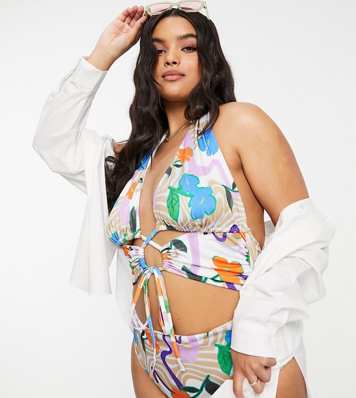 Asos Design Curve Lace Swimsuit In Floral Swirl Print-multi