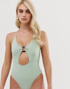 Boohoo Ring Detail Lace Up Back Detail Swimsuit In Light Green - Green