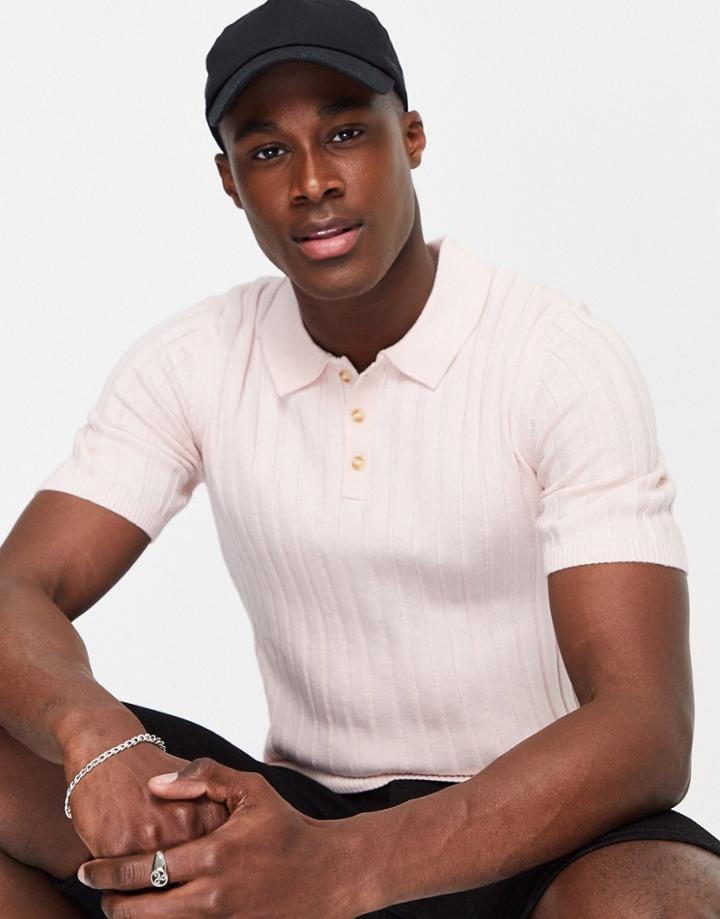Asos Design Muscle Fit Irregular Rib Polo In Pink