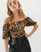 Asos Design Bardot Top In Tiger Print-beige