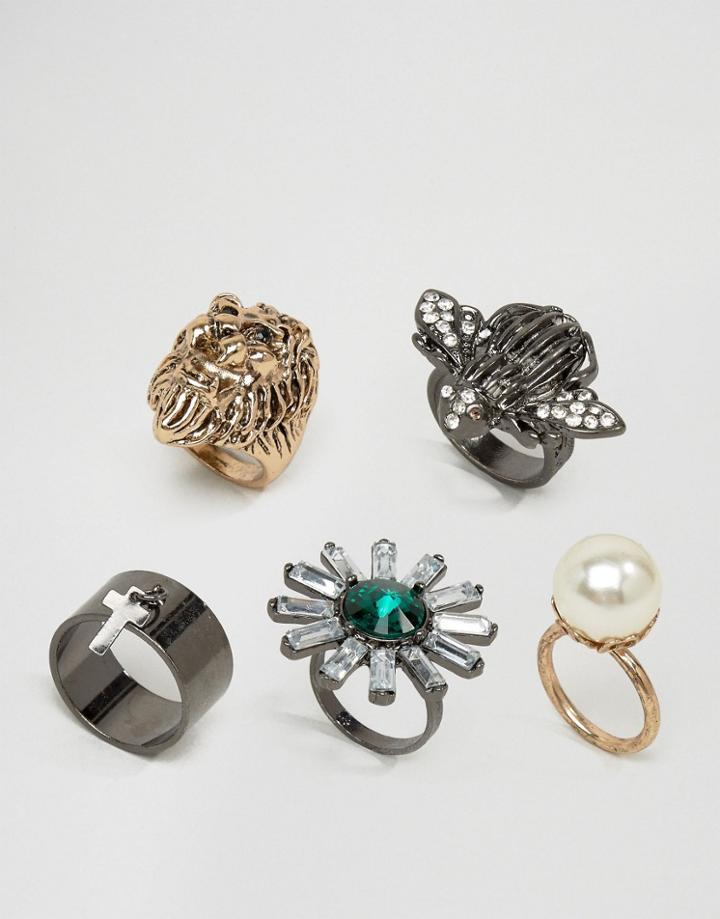 Asos Statement Lion & Bug Ring Pack - Multi