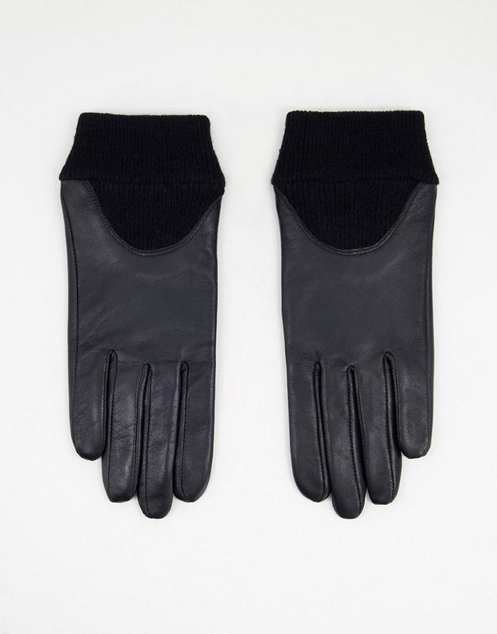 Asos Design Leather Gloves With Touch Screen And Ribbed Cuff In Black
