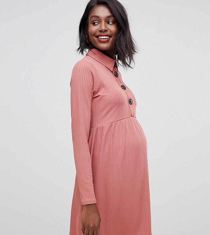 Asos Design Maternity Nursing Mini Smock Dress In Rib With Faux Horn Buttons - Pink