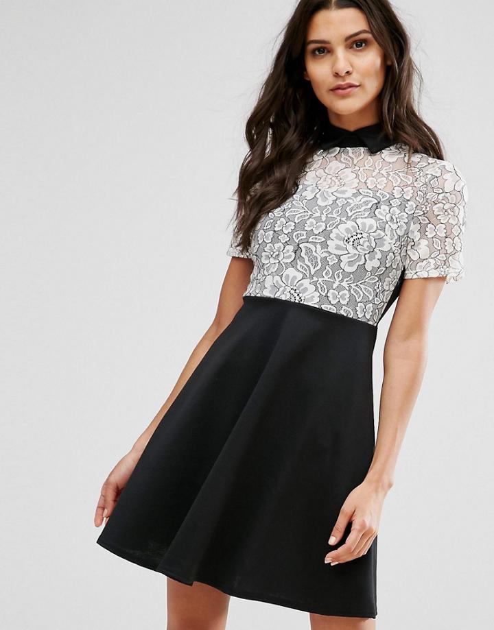 Club L Monochrome Skater Dress With Lace Panel - Black