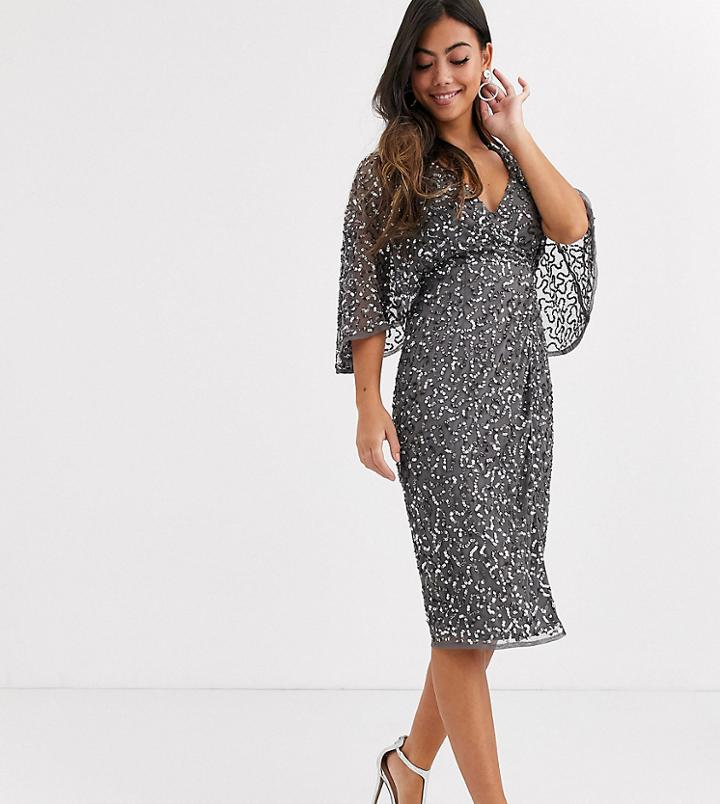 Maya Petite Bridesmaid Delicate Sequin Wrap Midi Dress In Dark Gray