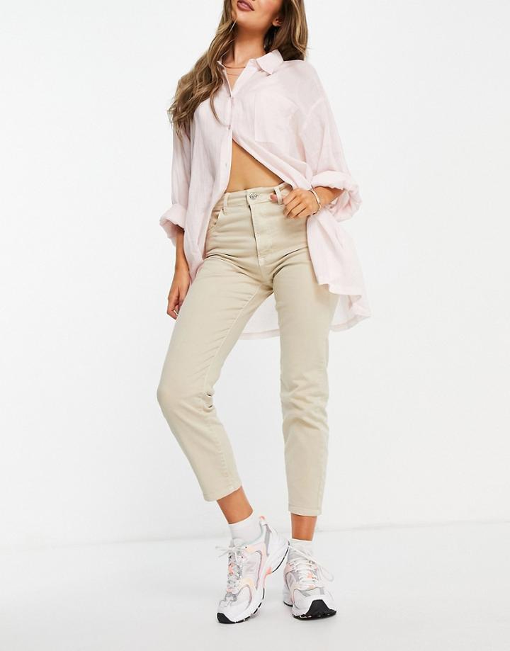 Stradivarius Slim Mom Jean With Stretch In Stone-neutral