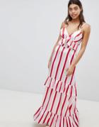 Boohoo Satin Ruffle Striped Maxi Dress - Pink
