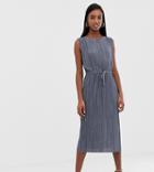 Asos Design Tall Midi Plisse Dress With Drawstring Waist - Gray