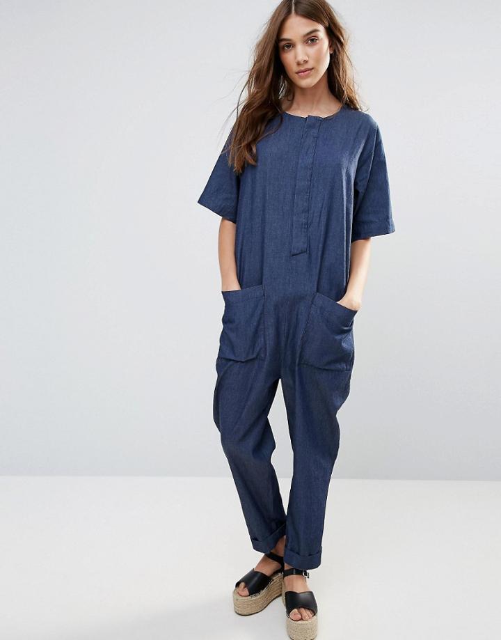 Neon Rose Denim Relaxed Jumpsuit - Blue