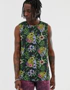 Urban Threads Tropical Print Sleeveless T-shirt Tank-black