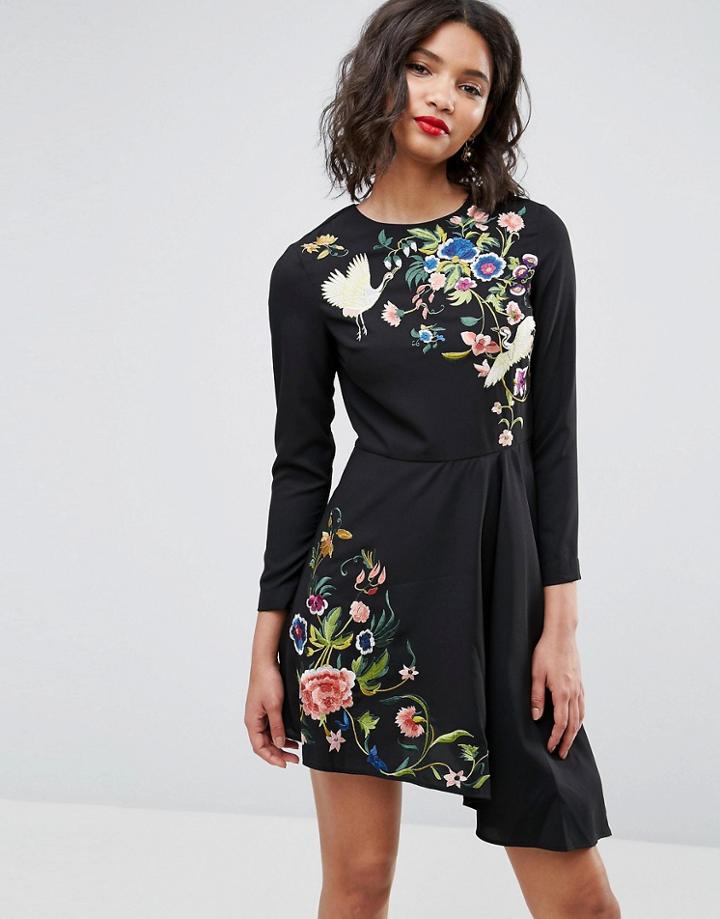 Asos Pretty Embroidered Skater Dress - Black