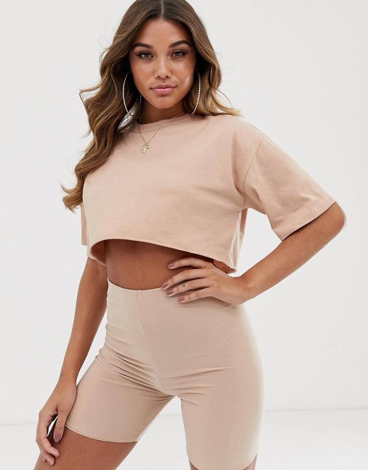 Asos Design Super Crop T-shirt With Raw Edge In Tobacco-brown