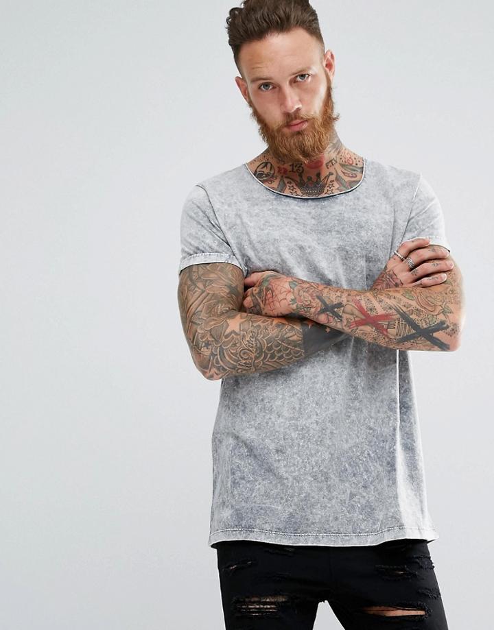 Asos Longline T-shirt With Roll Sleeve And Scoop Neck In Acid Wash Gray - Gray