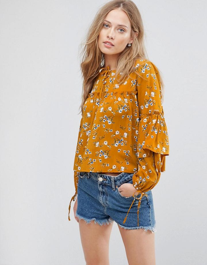 Influence Floral Smock Top With Balloon Sleeves - Yellow