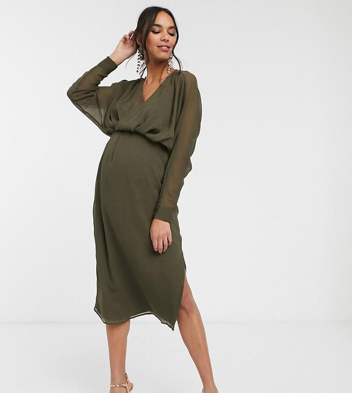 Asos Design Maternity Slouchy Midi Dress With Blouson Sleeve-green