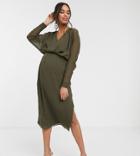 Asos Design Maternity Slouchy Midi Dress With Blouson Sleeve-green